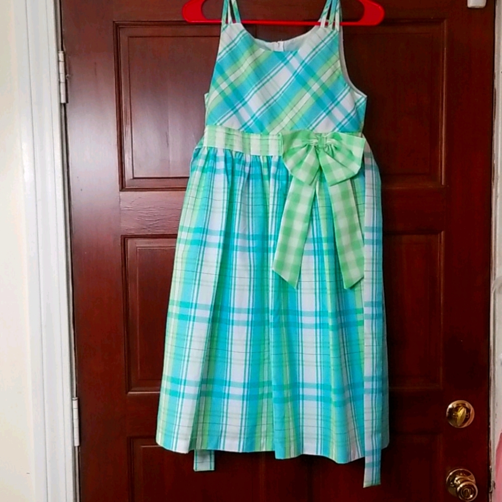 Turquoise, mint green,  and white plaid dress.